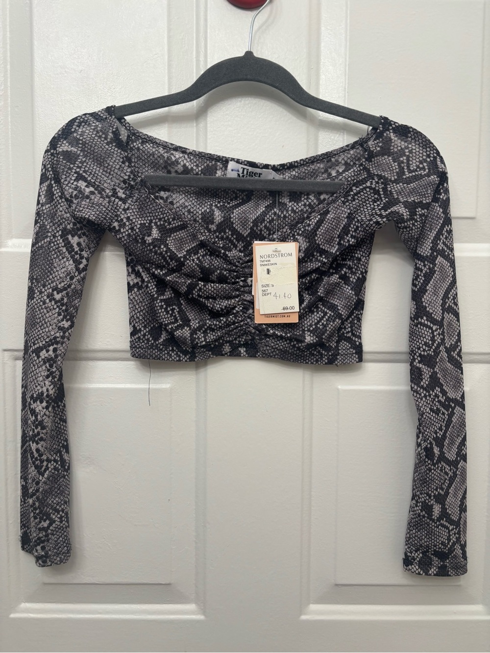 Tiger Mist Black Snake-Print Long Sleeve Cropped Top